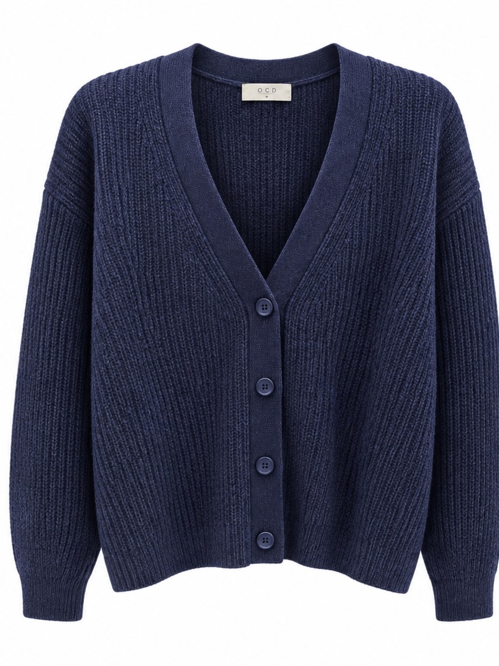 OGD 100% Cashmere Oversized Ribbed Cardigan – Navy Blue – Medium